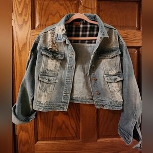 Distressed crop jean jacket